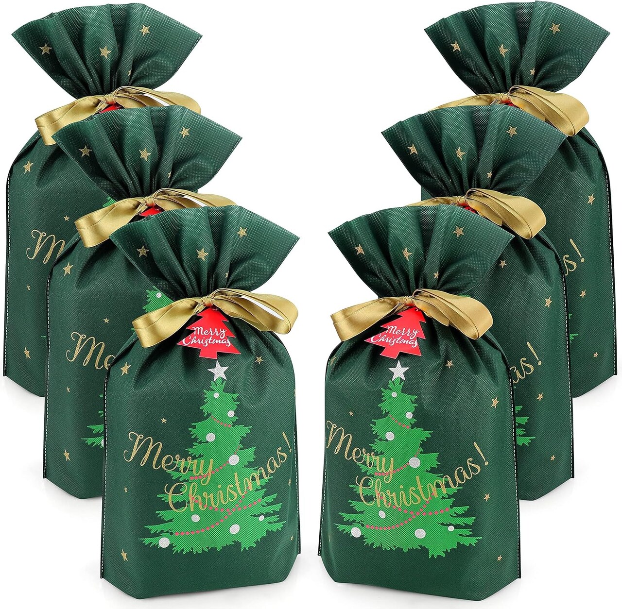 Fabric Gift Bags for Christmas Presents - 6 Pcs Christmas Bags with Drawstring, Large Christmas Gift Bags for Presents, Christmas Gift Wrap Reusable Christmas Bags for Gifts (Green Christmas Tree)